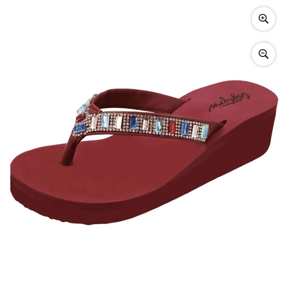 Elegant Wine Red Colored Rhinestone Wedge Sandals